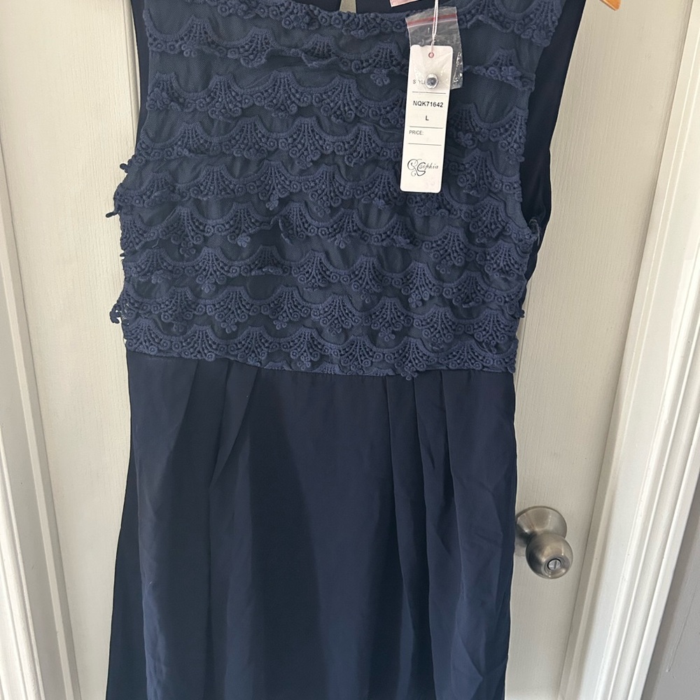 Navy Blue Sleeveless Lace Dress - Picture 2 of 5